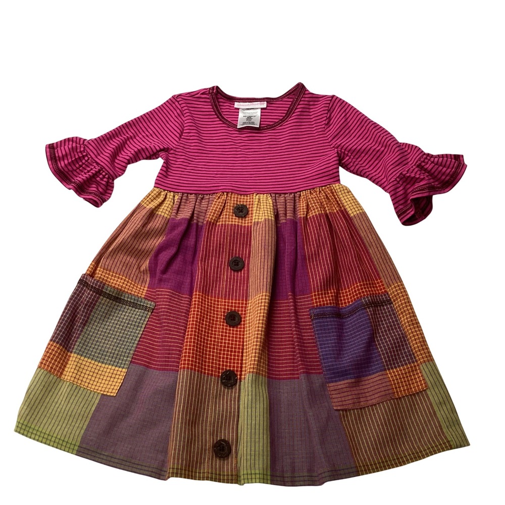 Bonnie Jean‎ Girls 4T Mixed Media Patchwork Plaid Striped Dress Ruffle Sleeve